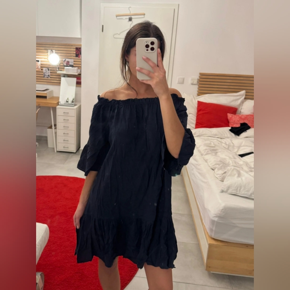 H&M Off Shoulder Gauze Puff Sleeve Mini Dress